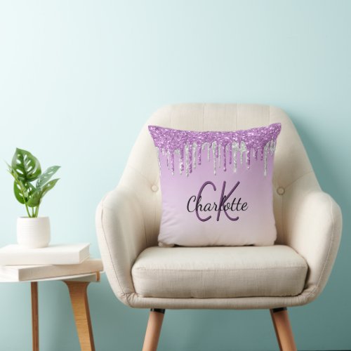 Purple glitter drips silver monogram name  throw pillow