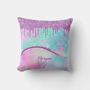 Purple Glitter Drips & Sparkle, Name & Monogram Throw Pillow