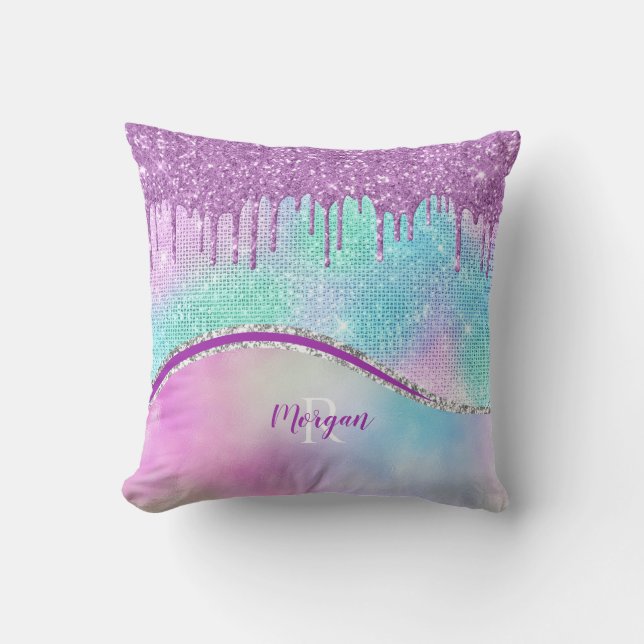 Purple Glitter Drips & Sparkle, Name & Monogram Throw Pillow (Front)