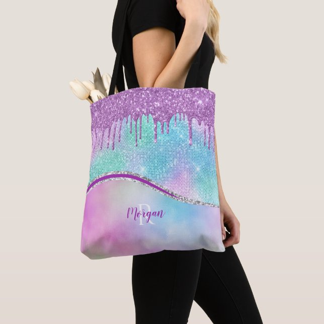Purple Glitter Drips & Sparkle, Name & Monogram Tote Bag (Close Up)