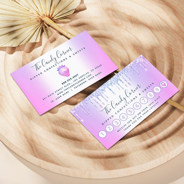 Purple Glitter Drips Strawberry Confection Sweets Loyalty Card (Creator Uploaded)
