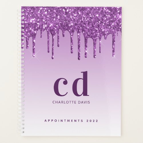 Purple glitter drips violet monogram 2025 planner