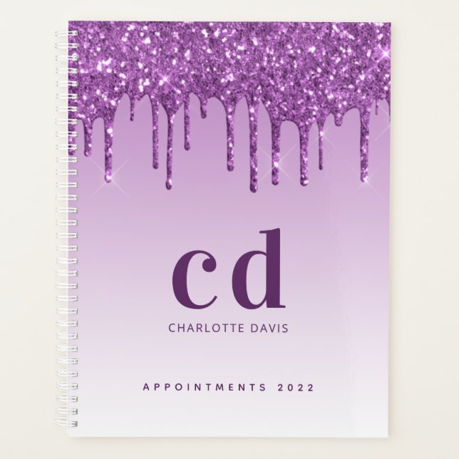 Purple glitter drips violet monogram 2025 planner (Front)
