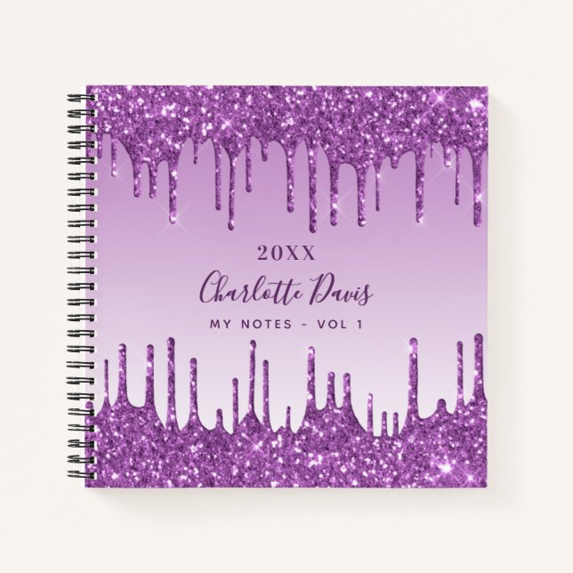 Purple glitter drips violet monogram glamorous notebook (Front)