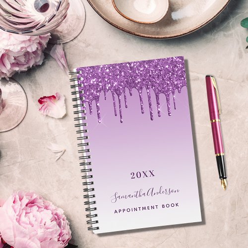 Purple glitter drips violet monogram name 2024 planner