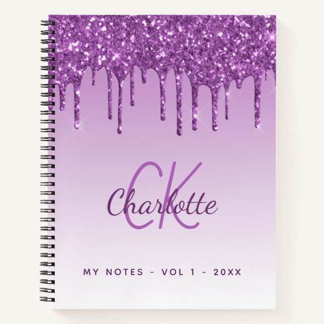 Purple glitter drips violet monogram notebook (Front)
