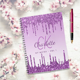Purple glitter drips violet monogram notebook
