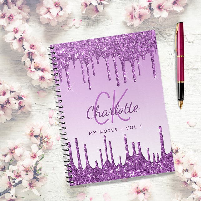 Purple glitter drips violet monogram notebook (Creator Uploaded)
