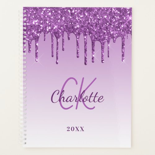 Purple glitter drips violet monogram planner