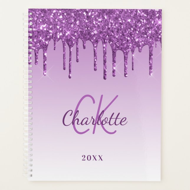Purple glitter drips violet monogram planner (Front)