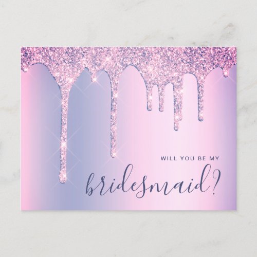 Purple glitter drips will you be my bridesmaid invitation postcard
