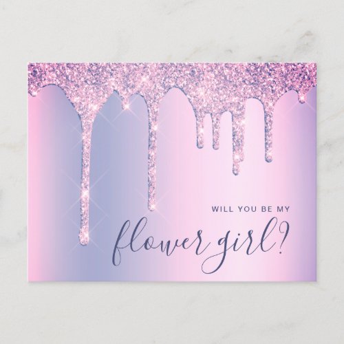 Purple glitter drips will you be my flower girl invitation postcard