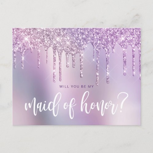 Purple glitter drips will you be my maid of honor invitation postcard