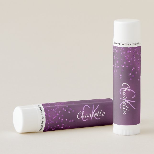 Purple glitter drops custom monogram lip balm (Front)