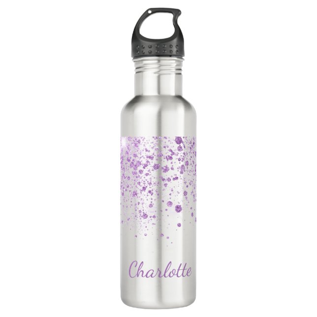 Purple glitter drops monogram white script stainless steel water bottle (Front)