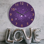 Purple glitter dust gold large clock<br><div class="desc">A deep purple background color.  Decorated with faux glitter dust.  Golden numbers.</div>
