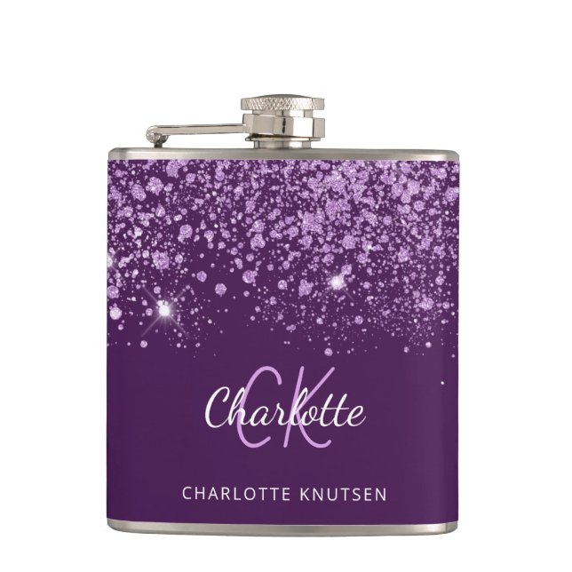 Purple glitter dust monogram name script  flask (Front)
