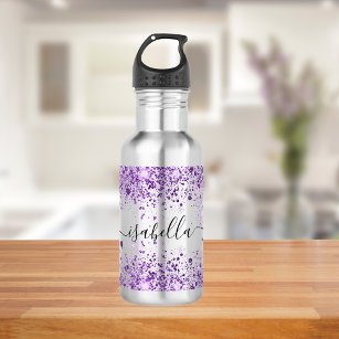 Purple glitter dust name script elegant stainless steel water bottle
