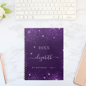 Purple glitter dust name script notebook