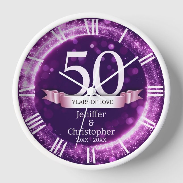 Purple Glitter Edit Year Wedding Anniversary Clock (Front)