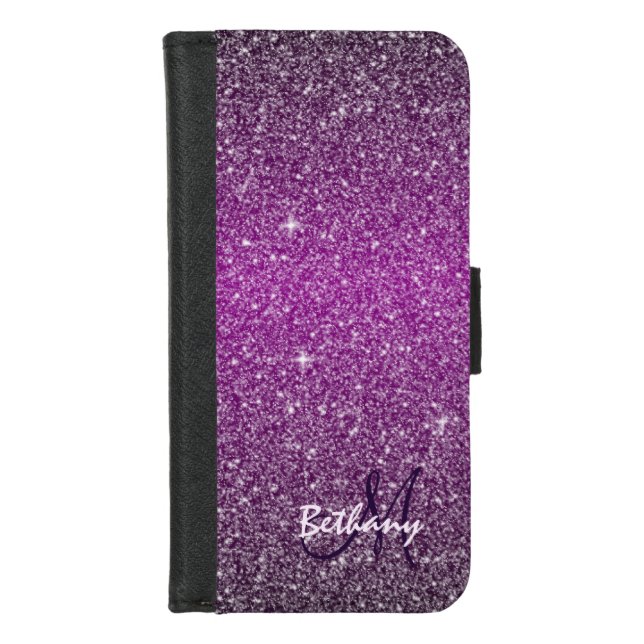 Purple Glitter Effect Personalized iPhone Wallet Case (Front)