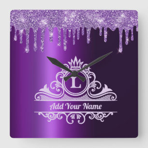 PURPLE GLITTER ELEGANT MONOGRAM WALL CLOCK