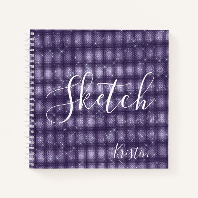 Purple Glitter Elegant Script Your Name Sketchbook Notebook (Front)