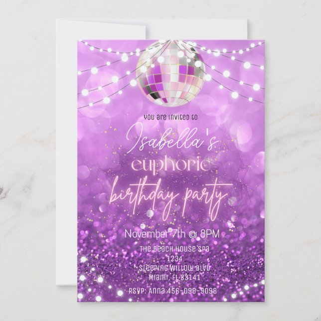 Purple Glitter Euphoria Birthday Party Invitation  (Front)