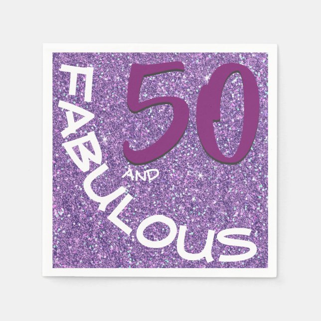 Purple Glitter Fabulous 50th Birthday Typography Napkins (Front)