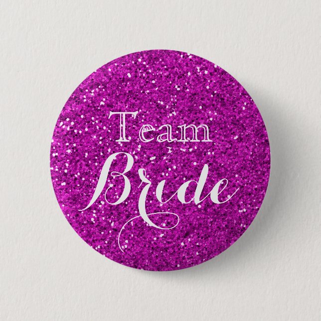 Purple Glitter Faux Foil Wedding Team Bride Button (Front)