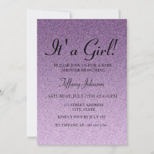 Purple Glitter Faux its A Girl Baby Shower Invite