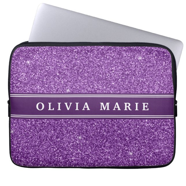Purple Glitter (faux) Personalized Name Laptop Sleeve (Front)
