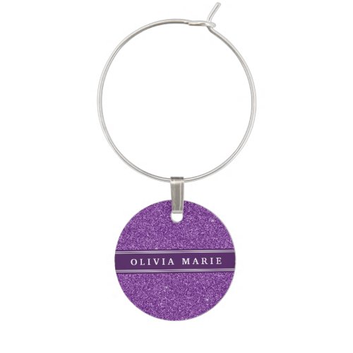 Purple Glitter faux Personalized Name Wine Glass Charm