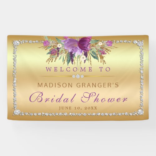 Purple Glitter Flowers Diamonds Gold Bridal Shower Banner