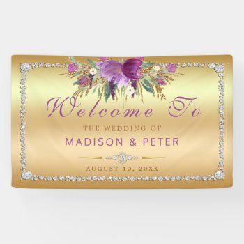 Purple Glitter Flowers Diamonds Gold Wedding Banner by GroovyGraphics at Zazzle