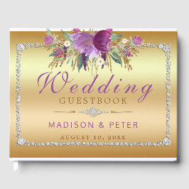 Purple Glitter Flowers Diamonds Gold Wedding Guest Book