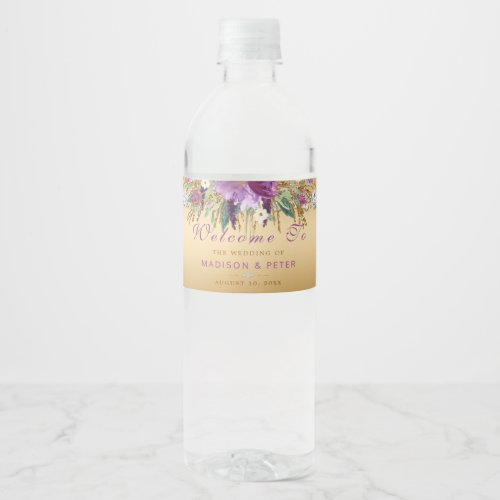 Purple Glitter Flowers Diamonds Gold Wedding Water Bottle Label