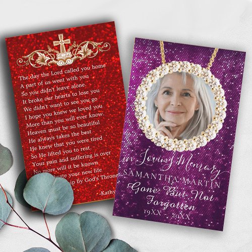 Purple Glitter Funeral Memorial Prayer Photo Card