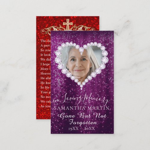 Purple Glitter Funeral Memorial Prayer Photo Card