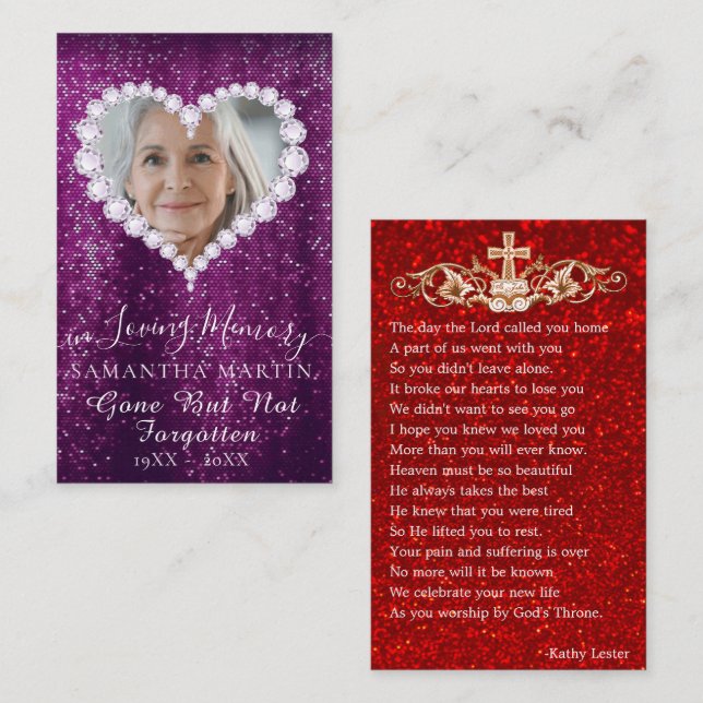 Purple Glitter Funeral Memorial Prayer Photo Card (Front/Back)