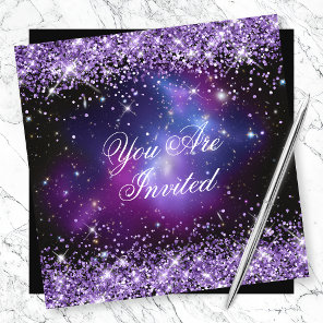 Purple Glitter Galaxy Cluster Planetarium Wedding Invitation