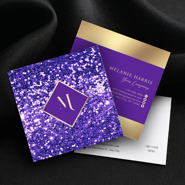 Purple Glitter Geometric Gold Frame Stylish Square Business Card (Creator Uploaded)