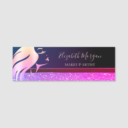 Purple GlitterGirl Face SilhouetteMakeup artist Name Tag