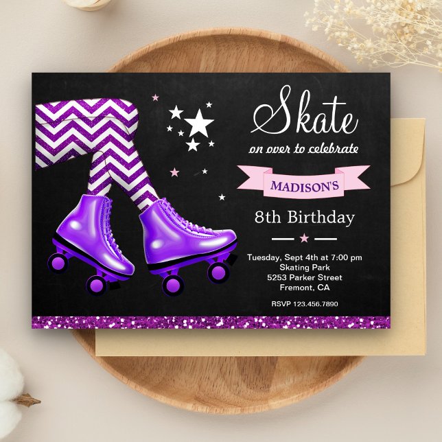 Purple Glitter Girls Roller Skating Birthday Party Invitation (Creator Uploaded)