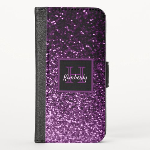 Purple glitter girly glam shiny name iPhone XS wallet case