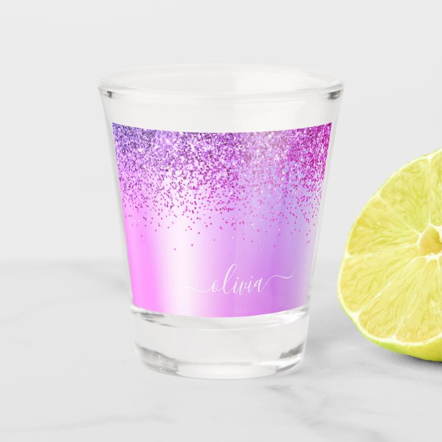 Purple Glitter Girly Metal Monogram Name Shot Glass (Front)