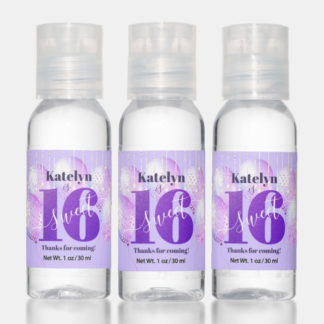 Purple Glitter Girly Sweet 16 Birthday Balloons Hand Sanitizer (Set)