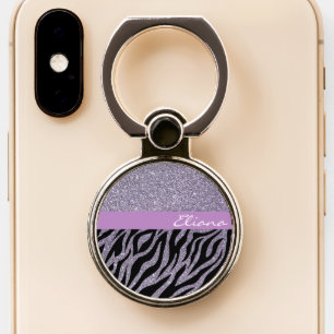 Purple Glitter Girly Zebra Pattern Name Stylish Phone Ring Stand