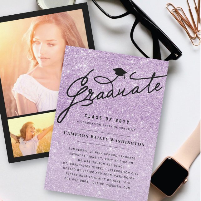 Purple Glitter Glam Graduate Graduation Cap Party Invitation (Creator Uploaded)