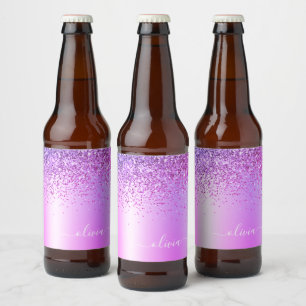 Purple Glitter Glam Metal Monogram Name Beer Bottle Label